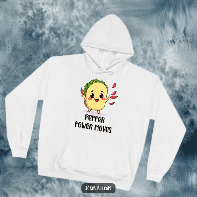 Funny Hoodie: A delighted taco character juggles chili peppers, offering warmth and a spicy sense of humor.