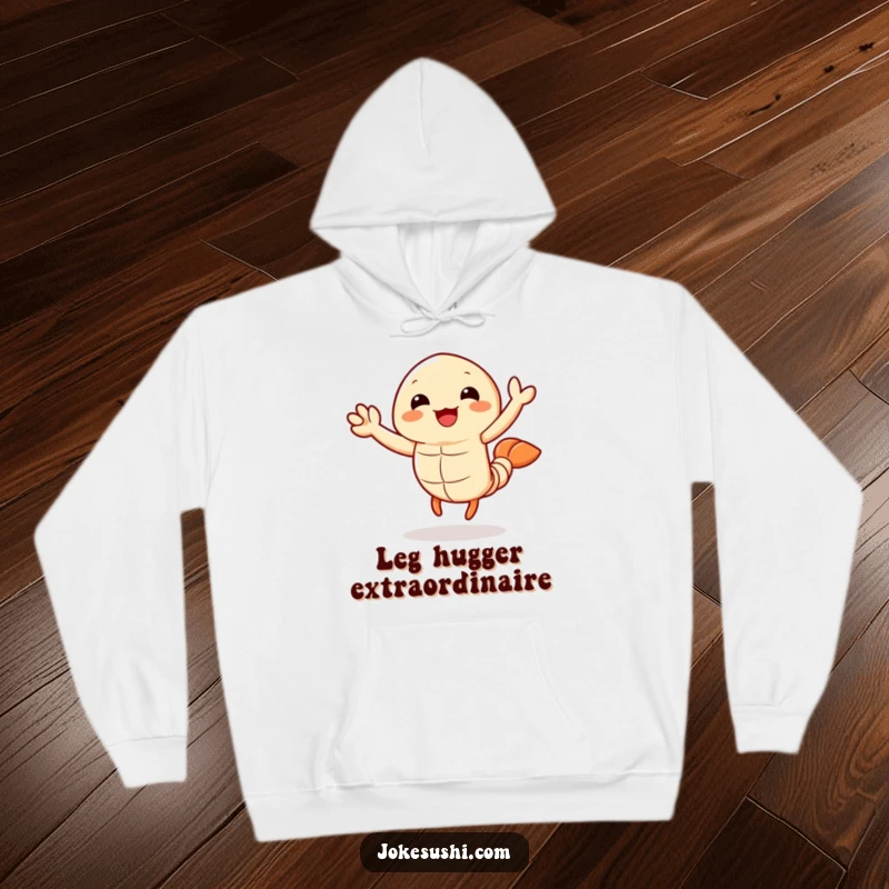 Funny tempura shrimp hoodie showcasing a joyful character energetically waving its legs, offering warmth and a hearty laugh.