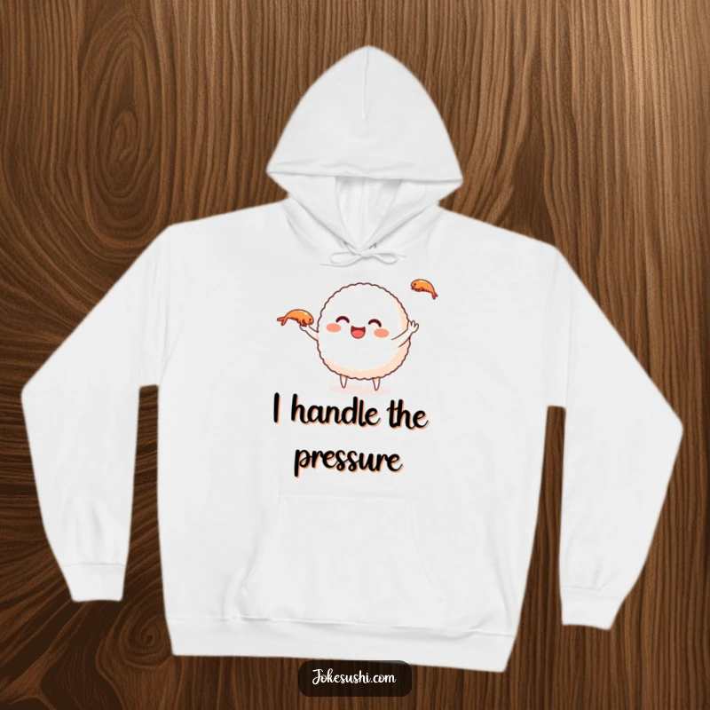 Funny rice ball hoodie featuring a smiling character juggling shrimp, a warm and humorous gift for fans.
