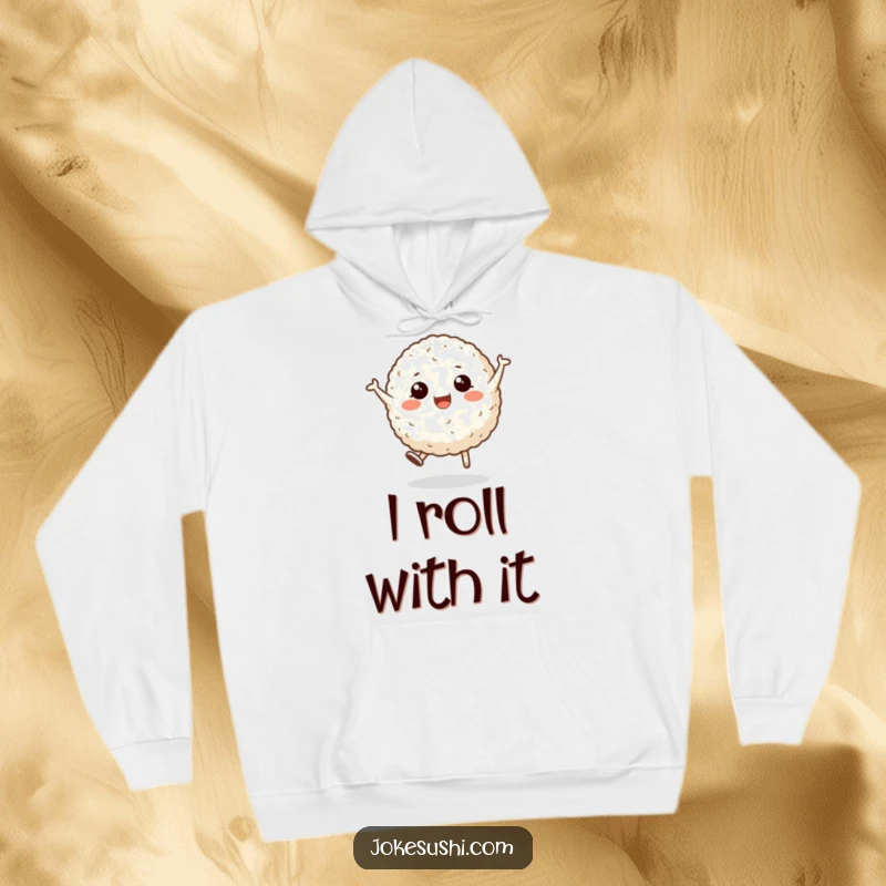 Funny hoodie with a smiling rice ball character performing an enthusiastic cartwheel, offering warmth and a dose of playful, food-themed humor.