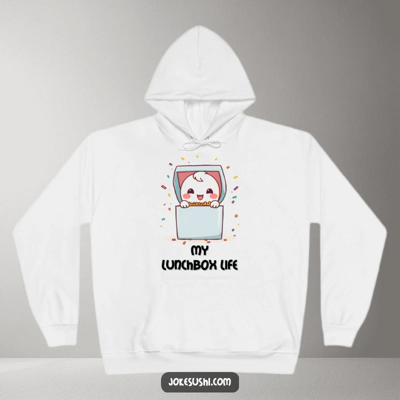 Funny bento box hoodie with a smiling character bursting open with confetti, offering warmth and a festive, celebratory vibe.