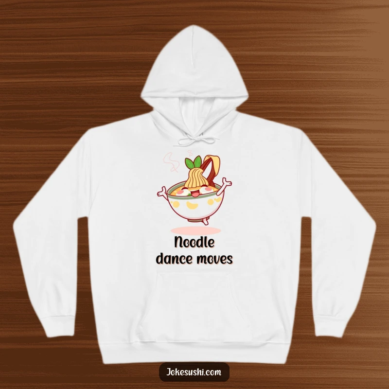 Funny Hoodie: A happy ramen bowl character dances with steam rising, offering warmth and a comforting sense of humor.