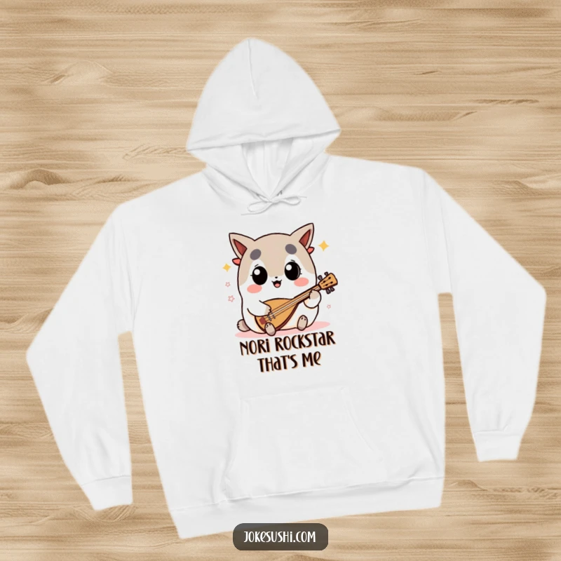 Funny nori seaweed hoodie with a big-eyed character enthusiastically playing the shamisen, offering warmth and musical humor.