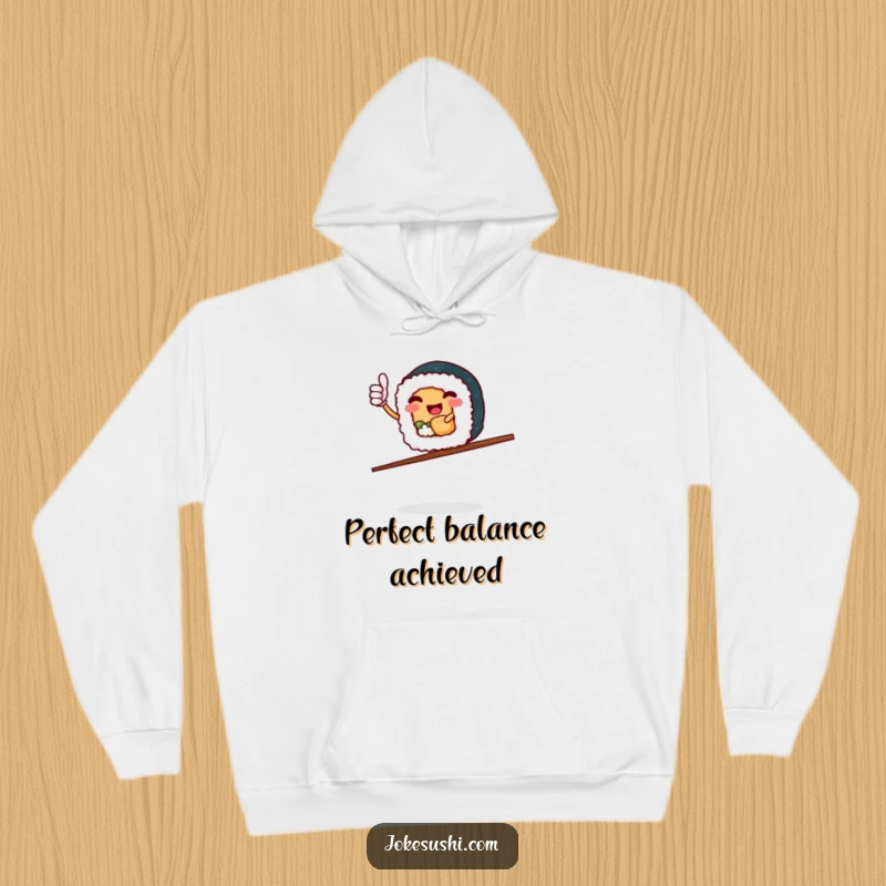 Funny Sushi Roll Hoodie: Adorable character giving thumbs up, skillfully balancing on chopsticks, radiating happiness.