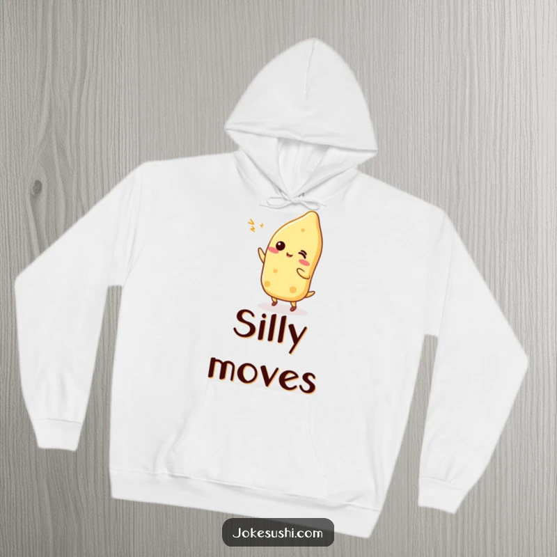 A funny Tamagoyaki character doing a silly dance is featured on a cozy hoodie, perfect for party animals.