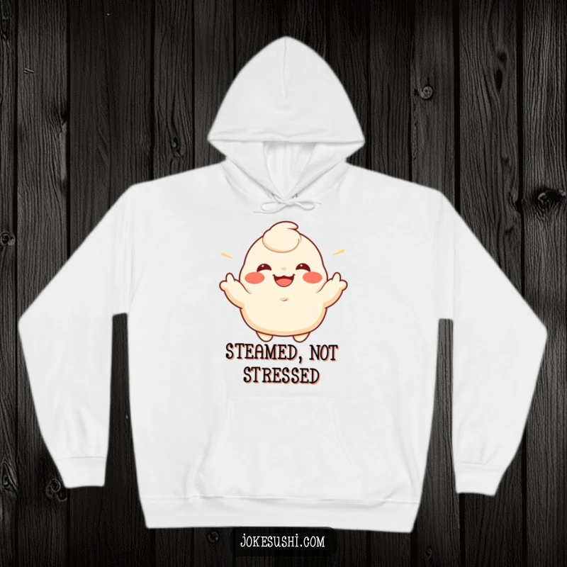 Funny hoodie showcasing a grinning dumpling character enthusiastically gesturing its sides, perfect for cozy laughs.