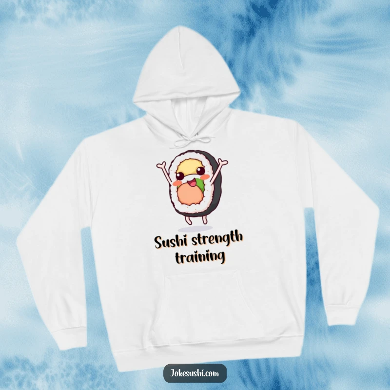 Funny Hoodie: A cheerful sushi roll character with arms and legs in mid-somersault, a cozy and funny foodie gift.