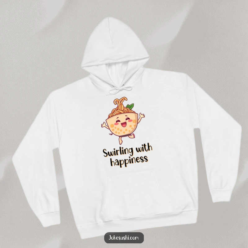 Funny hoodie featuring a vibrant ramen bowl character dancing with gusto, noodles forming a dynamic, joyful swirl, perfect for warmth.