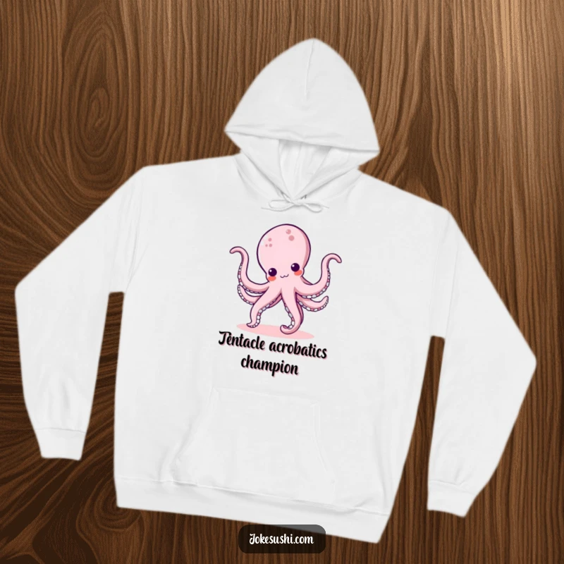 Funny kawaii octopus character in a cartwheel pose with bouncy tentacles, a warm and humorous hoodie for all seasons.