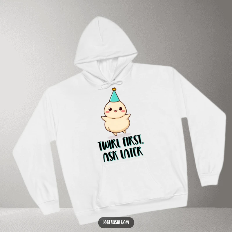 Funny dumpling hoodie, a cute character in a party hat, elegantly twirling, offering warmth and festive cheer.