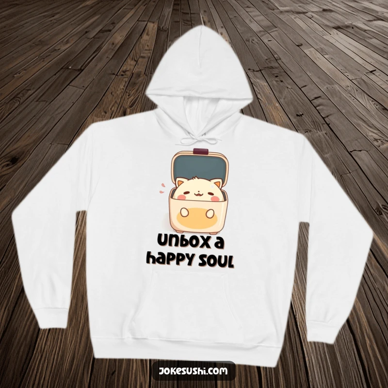 Funny Hoodie showcasing an anthropomorphic bento box character's delighted gasp upon opening its lid, perfect for cozy humor.