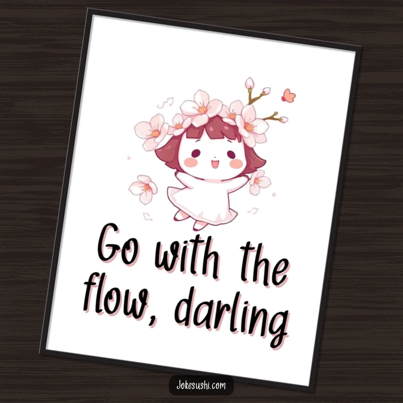 Funny Free Printable Wall Art of a cheerful cherry blossom character joyfully floating on a gentle breeze, evoking a sense of peace and lightness.