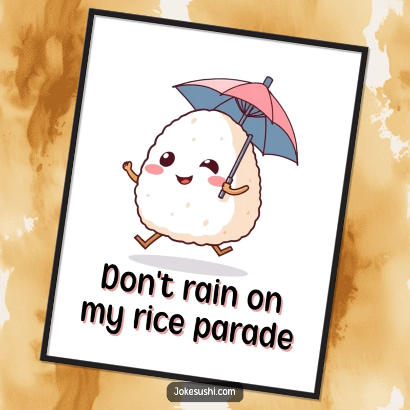 Funny Free Printable Wall Art: Smiling onigiri rice ball with legs hopping excitedly, holding a tiny umbrella, a cheerful downloadable art piece.