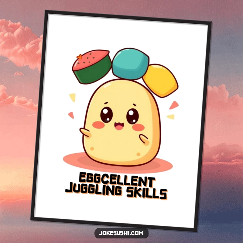 Free Printable Wall Art: A cheerful tamagoyaki with wide eyes juggles colorful roe, adding vibrant and playful decor.