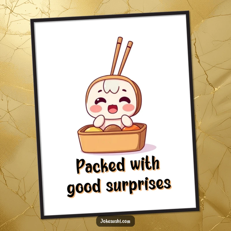 Funny Free Printable Wall Art: A bento box character looks comically surprised with chopsticks protruding from it, adding humor.