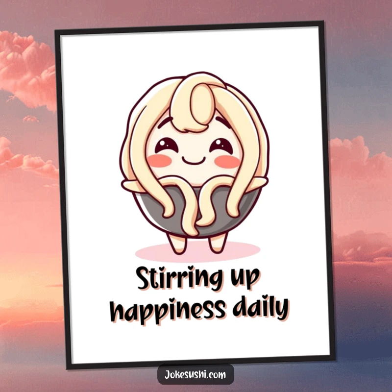 Funny Free Printable Wall Art: An ecstatic udon noodle character wiggling with glee, bringing joy and fun to the space.