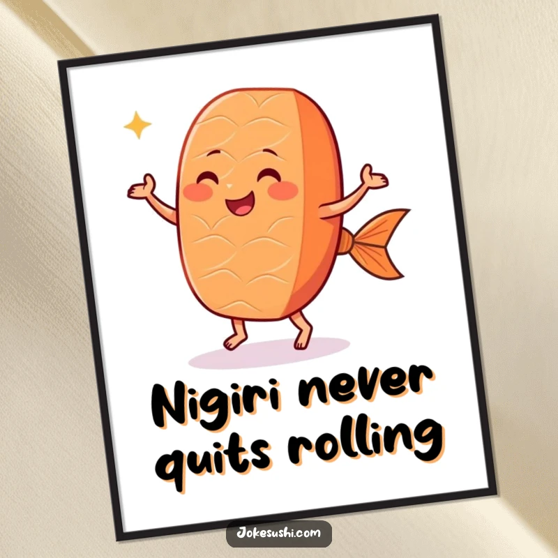 Funny Free Printable wall art: a smiling salmon nigiri doing a festive dance with its little feet, vibrant and cheerful.