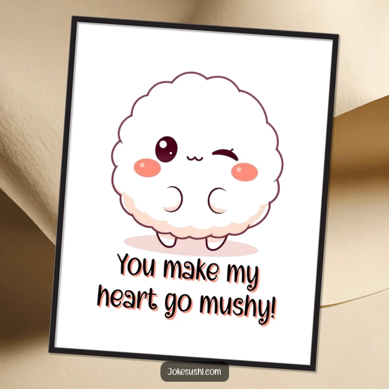 Funny free printable wall art of a fluffy rice ball character winking playfully, adding a touch of cute humor.