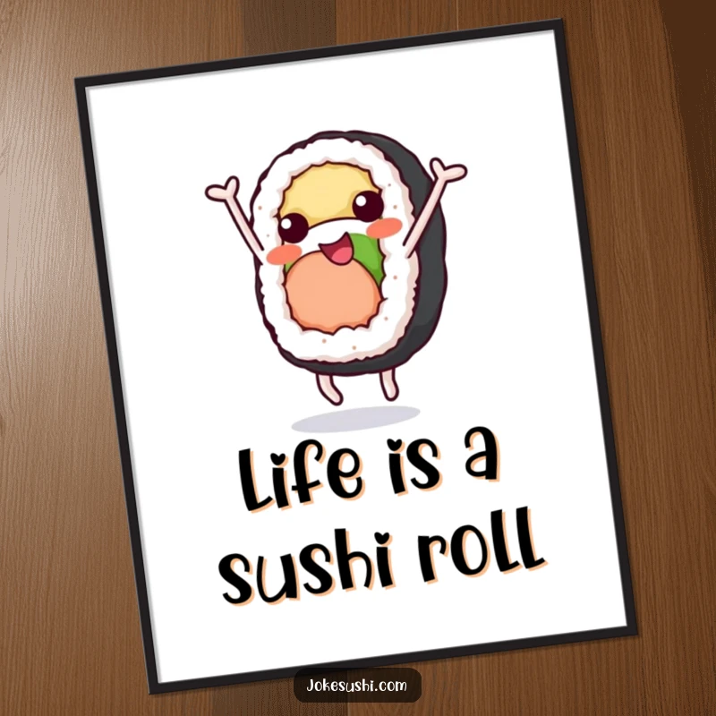 Funny Free Printable Wall Art: A cheerful sushi roll character in mid-somersault, bringing playful energy to any room.