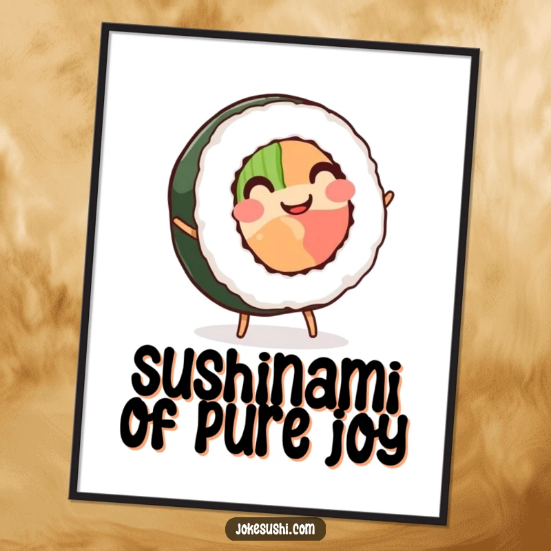 Free Printable Wall Art: A smiling sushi roll with tiny legs performs a cartwheel, adding energetic and whimsical decor.