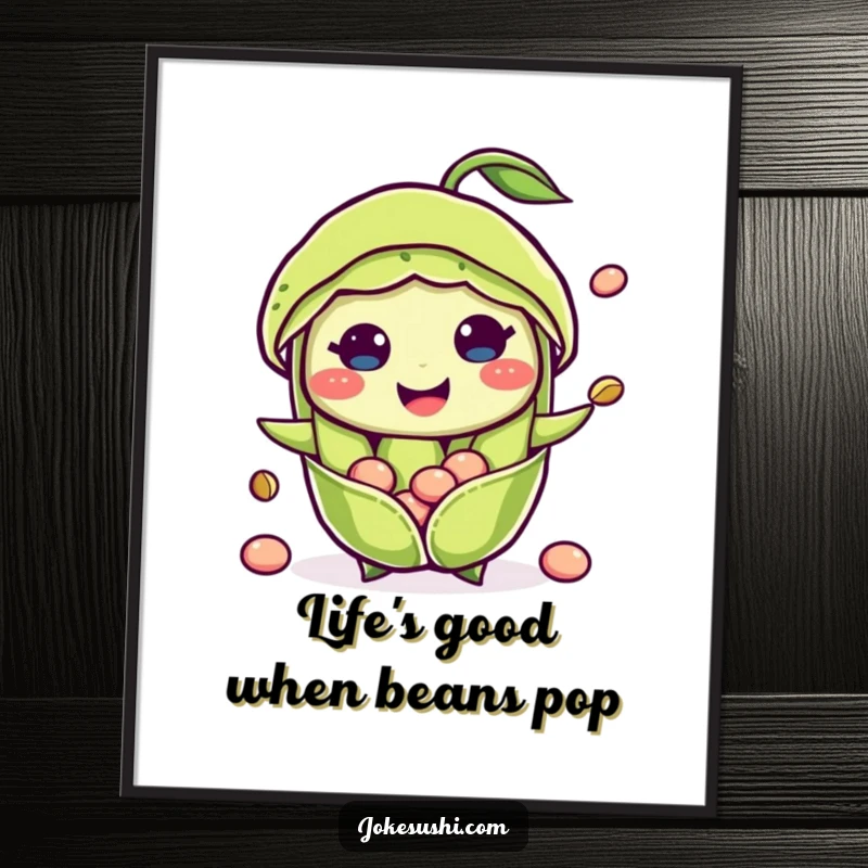 Funny Free Printable Wall Art of a happy edamame pod with beans joyfully popping out, radiating cheerfulness.