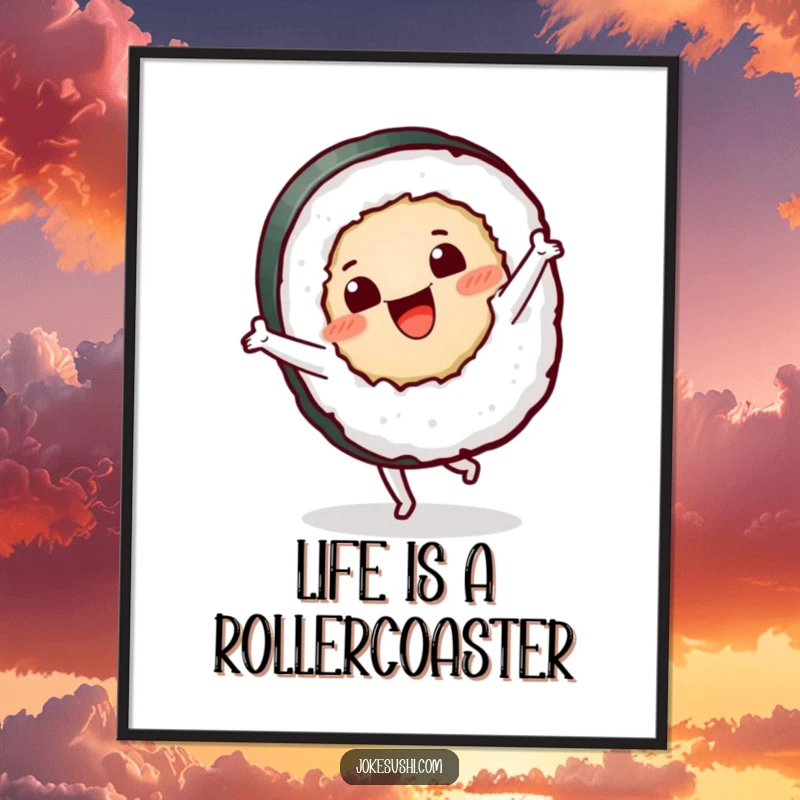 Funny Free Printable Wall Art: A happy sushi roll mid-cartwheel, full of energy and playful spirit, perfect decor.