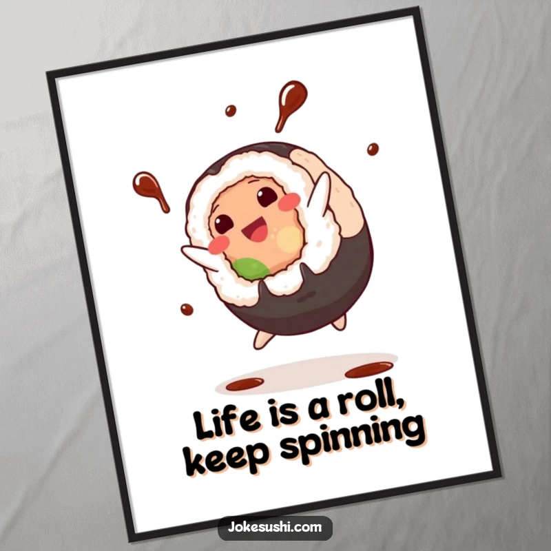 Funny Free Printable wall art of a plump sushi roll character performing a cartwheel, with soy sauce splashing dynamically around it.