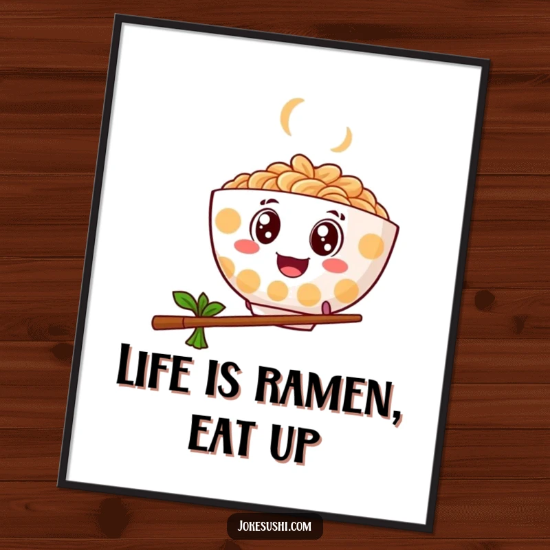 Funny Free Printable Wall Art: A bouncy ramen bowl with googly eyes leaps energetically over a chopstick, adding fun.