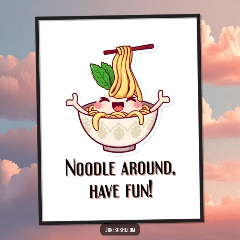 Funny Free Printable Wall Art of a winking ramen bowl character whose noodles wave like welcoming arms.