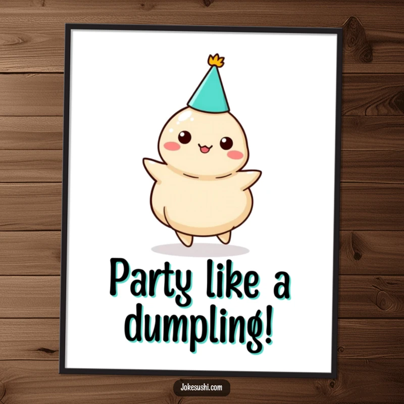 Funny Free Printable Wall Art: An anthropomorphic dumpling wearing a party hat is captured mid-twirl, exuding pure joy.