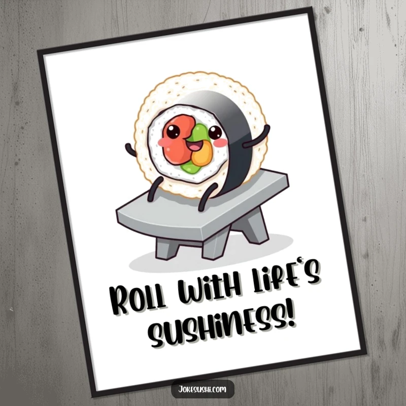 Funny Free Printable Wall Art: Delightful sushi roll character with legs happily sliding down a slippery ramp for quirky decor.