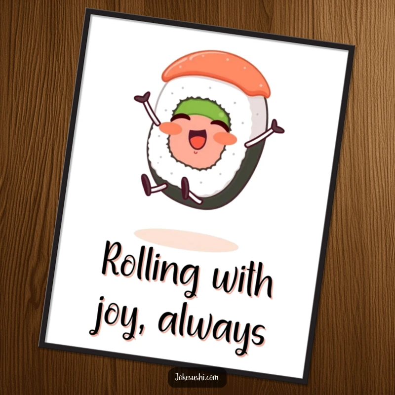 Funny Free Printable Wall Art of a sushi roll character with stubby legs joyfully performing a cartwheel.