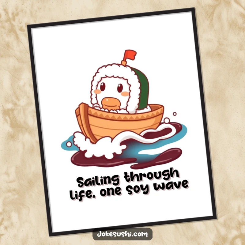 Funny Free Printable Wall Art: A contented sushi boat character humorously sailing on a dynamic wave of soy sauce.