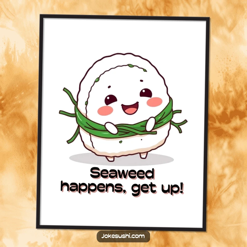 Funny Free Printable wall art of a smiling onigiri character hilariously tripping over its own seaweed belt, adding quirky charm.