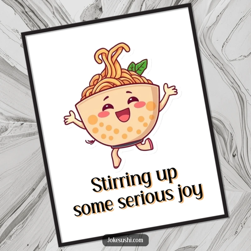 Funny Free Printable Wall Art: Cheerful ramen bowl character dancing energetically, noodles swirling joyfully, a lively downloadable art piece.