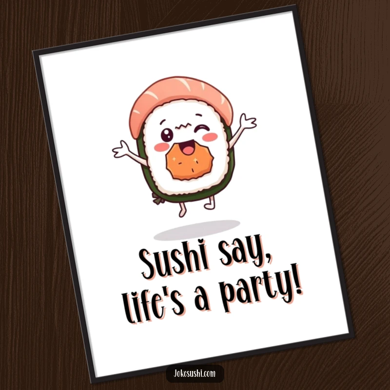 Funny Free Printable Wall Art: Delighted sushi nigiri character joyfully doing a happy little dance.