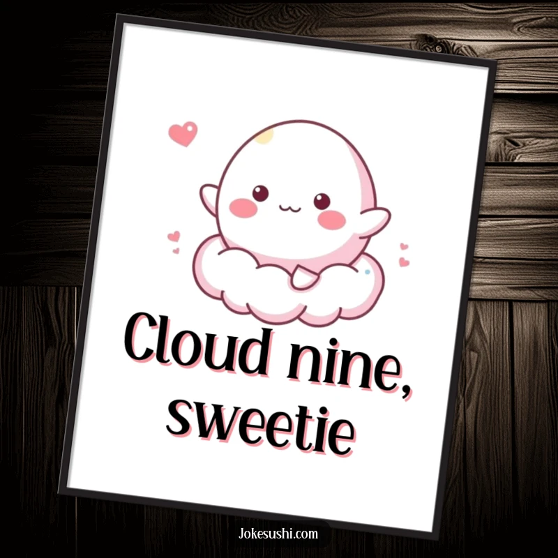 Whimsical Free Printable Wall Art: A cheerful mochi character happily bounces on a fluffy white cloud, creating a dreamy scene.