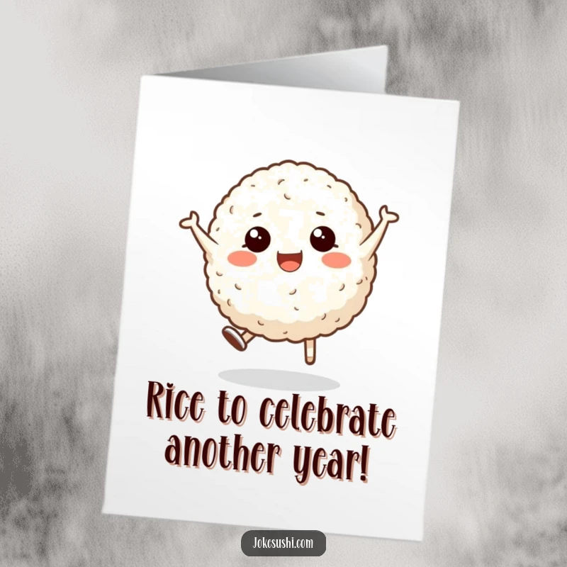 Funny Free Printable Birthday Card featuring a joyful rice ball character doing an energetic cartwheel, ready to celebrate.
