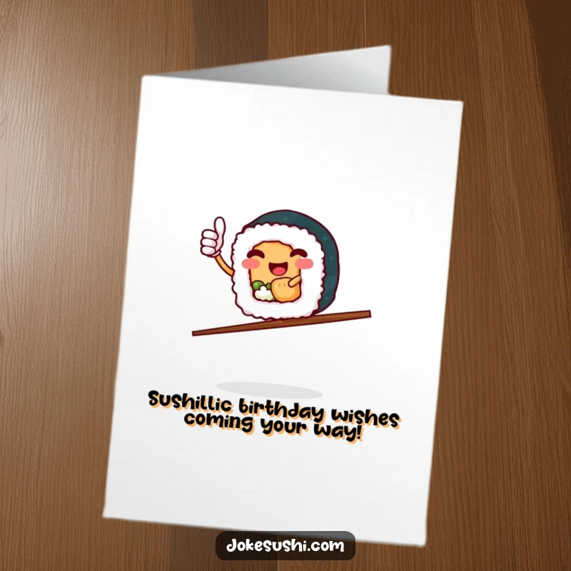 Funny Free Printable Birthday Card: A happy sushi roll character gives a thumbs up while balancing on chopsticks.