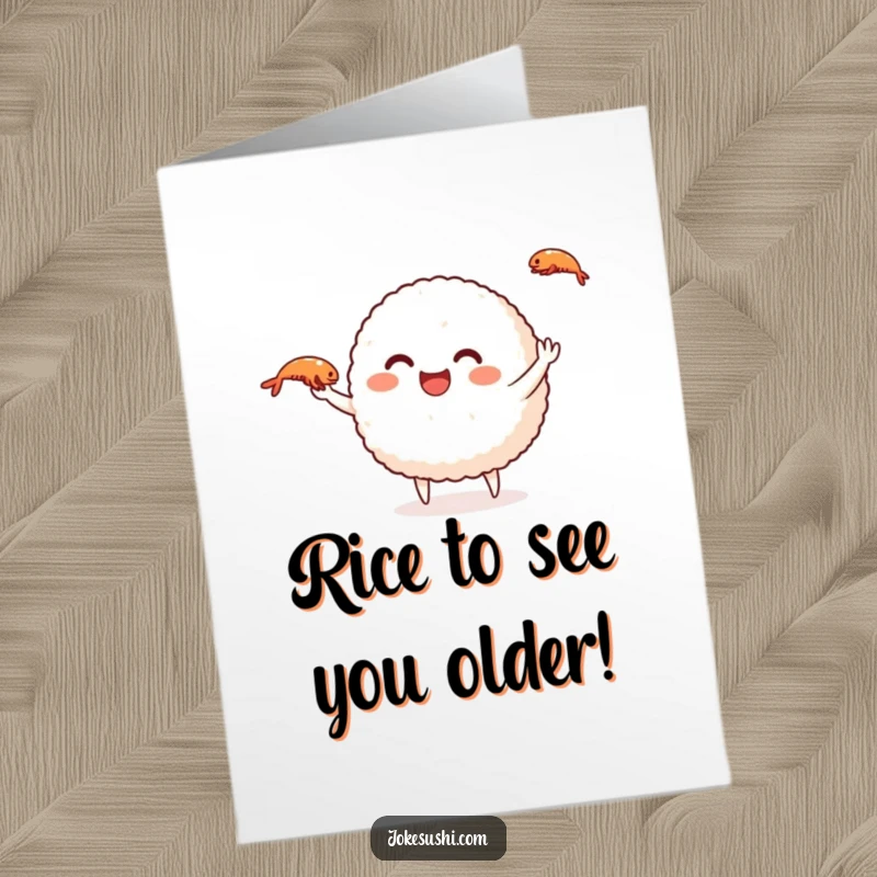 Funny Free Printable Birthday Card: Smiling rice ball character expertly juggling tiny shrimp for a festive occasion.