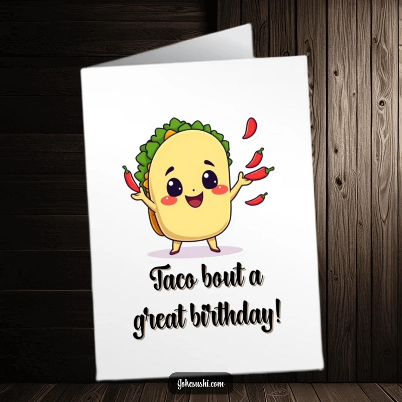 Funny Free Printable Birthday Card: A smiling taco character happily juggling chili peppers, celebrating a spicy birthday.