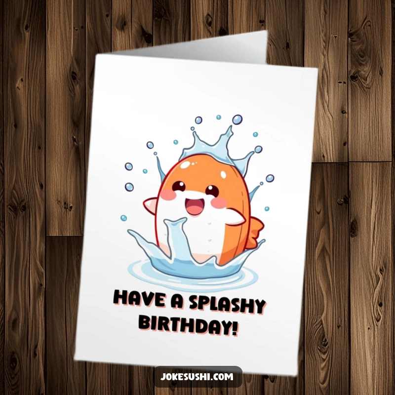 Funny Free Printable Birthday Card: Delighted salmon nigiri character joyfully splashing in a large water drop, celebrating big.