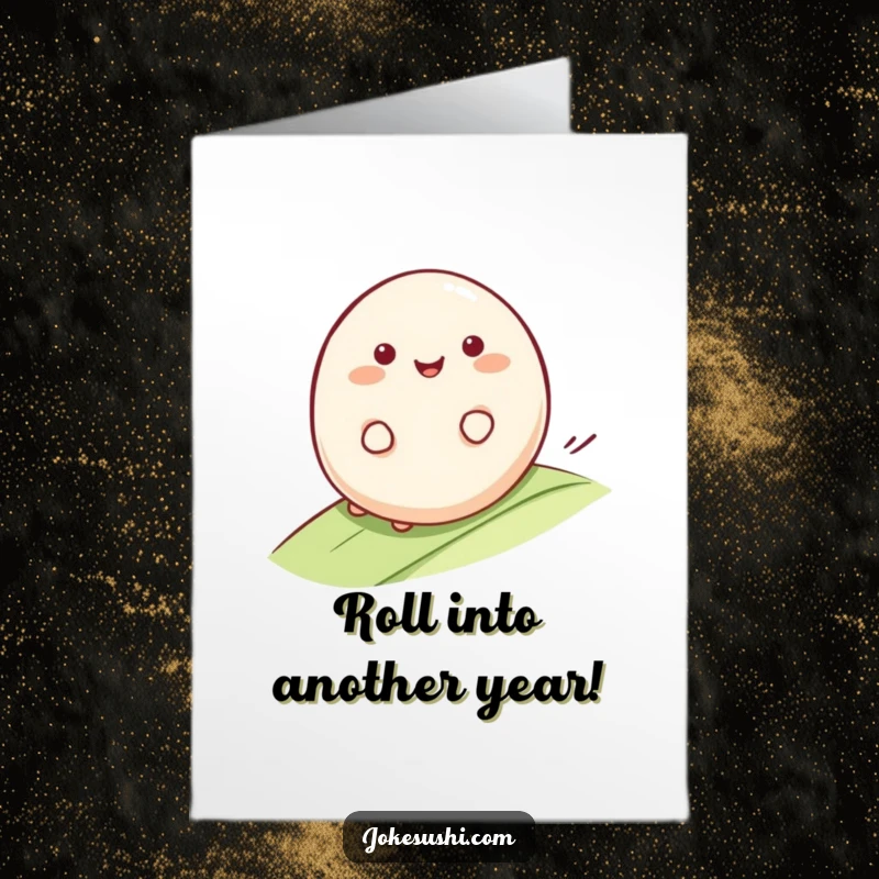 Funny Free Printable Birthday Card: A smiling mochi character rolls happily down a gentle slope, celebrating a birthday.