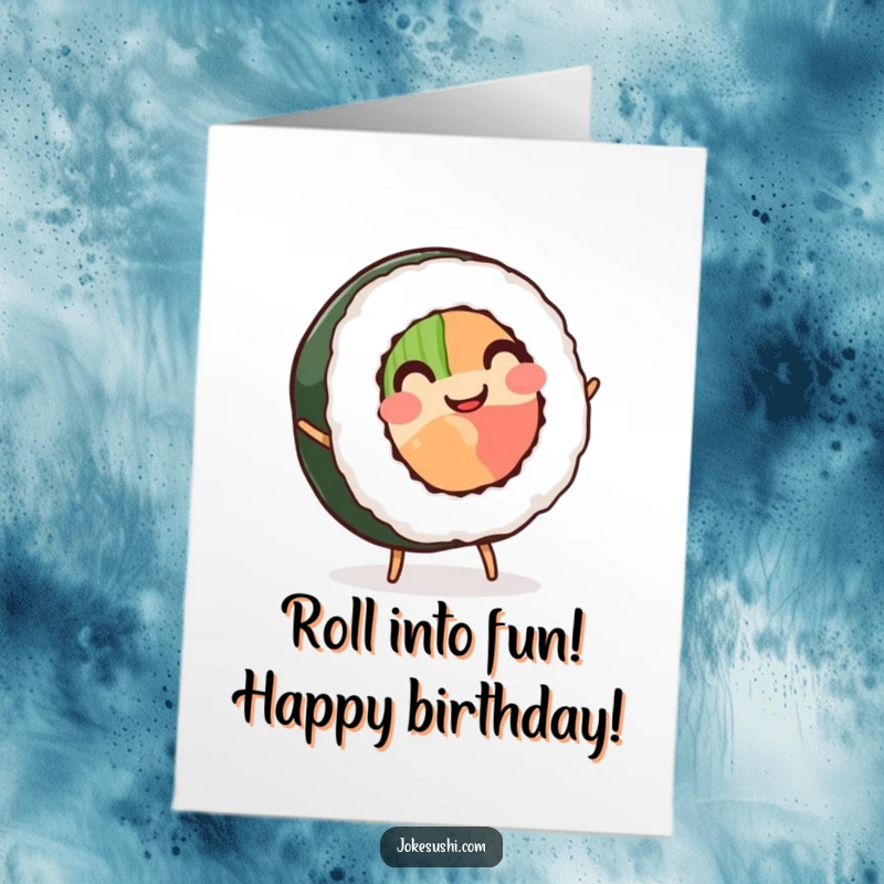 Free Printable Birthday Card: A smiling sushi roll with tiny legs joyfully performs a cartwheel, celebrating a special day.