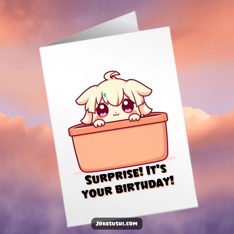 Funny Free Printable Birthday Card: A bento box character peeks out from its lid with wide, surprised eyes, ready to celebrate.