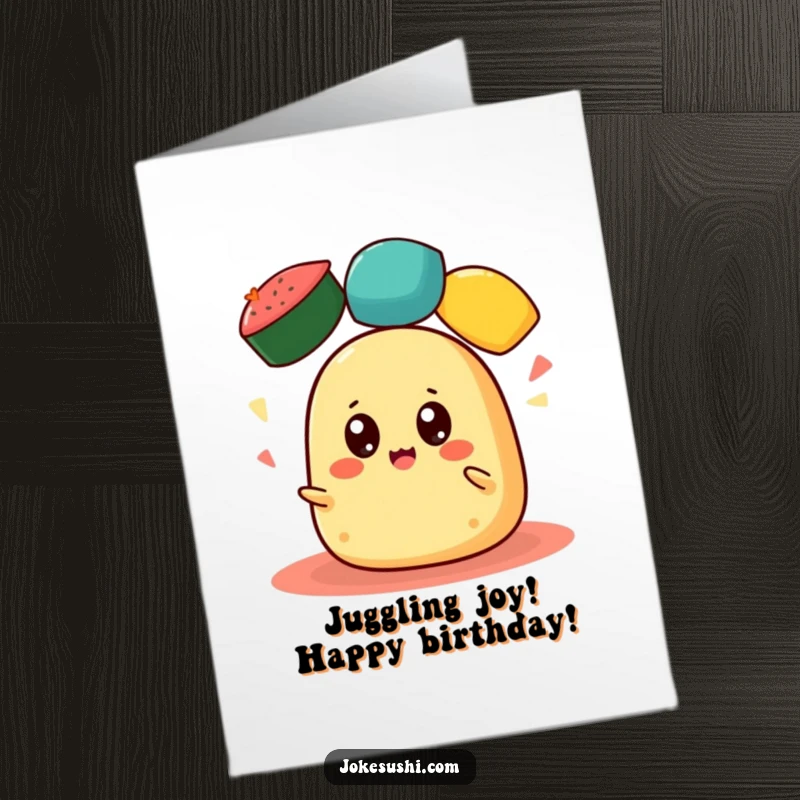 Free Printable Birthday Card: A cheerful tamagoyaki with wide eyes expertly juggles three colorful roe, wishing a happy birthday.