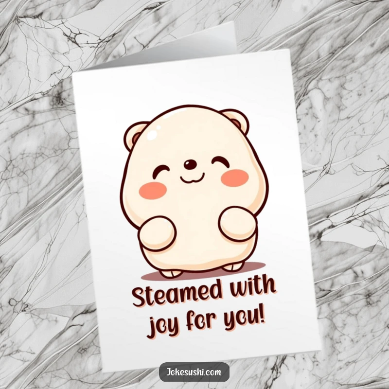 Funny Free Printable Dumpling Happy Birthday Card: Cute character peeking shyly with rosy cheeks, offering a giggle.