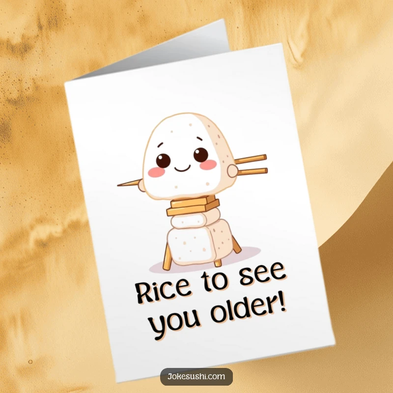 Funny Free Printable Onigiri Birthday Card, a grinning rice ball precariously balancing on a tower of chopsticks, humorously celebrating.