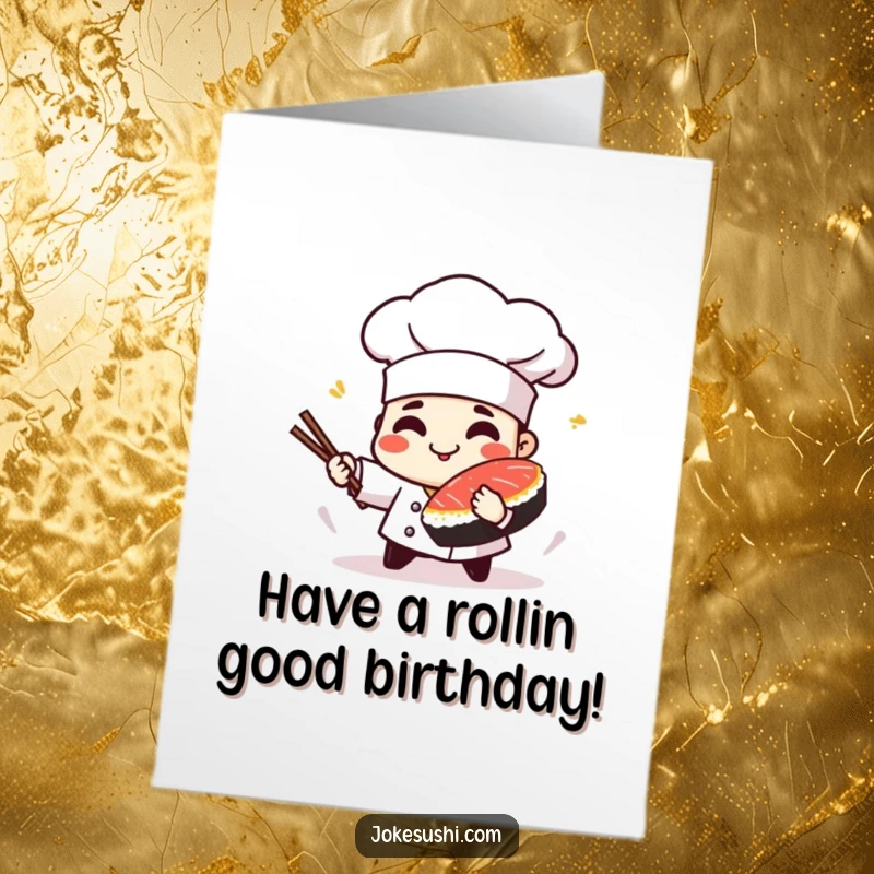 Funny Free Printable Birthday Card: A playful sushi chef character expertly spins a piece of tuna, ready to celebrate.