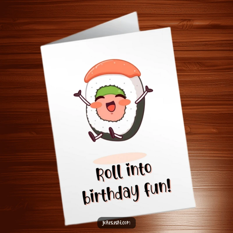 Funny Free Printable Birthday Card featuring a sushi roll character with stubby legs joyfully doing a cartwheel.